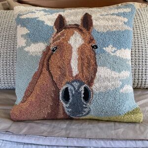 Hooked Wool Pillow Brown And White Horse Equestrian Lovers 18” Square